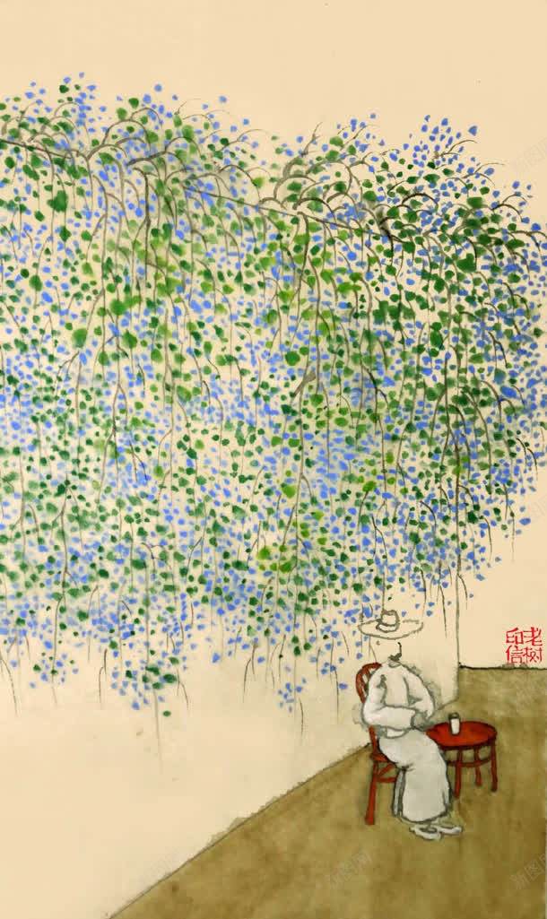 蓝紫色柳树花开垂钓jpg设计背景_88icon https://88icon.com 垂钓 柳树 紫色