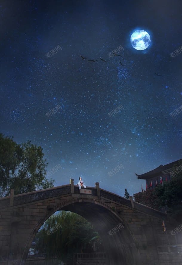 夜晚风景星空乌鸦jpg设计背景_88icon https://88icon.com 桥头 人物 古风女子 乌鸦 夜晚 星空 风景