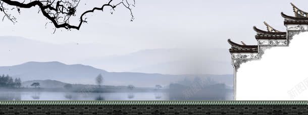 古建筑背景jpg设计背景_88icon https://88icon.com 中国风 复古 建筑 徽派 文化 枯枝 树枝 水墨 白墙黑瓦 窗格 风情 龙头
