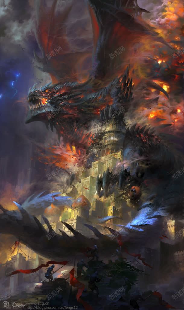 被巨龙破坏的城堡插画jpg设计背景_88icon https://88icon.com 城堡 巨龙 插画 破坏