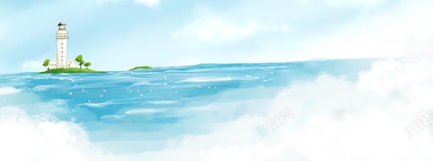 插画背景jpg设计背景_88icon https://88icon.com 大海 海阔天空 清新 灯塔 蓝天白云