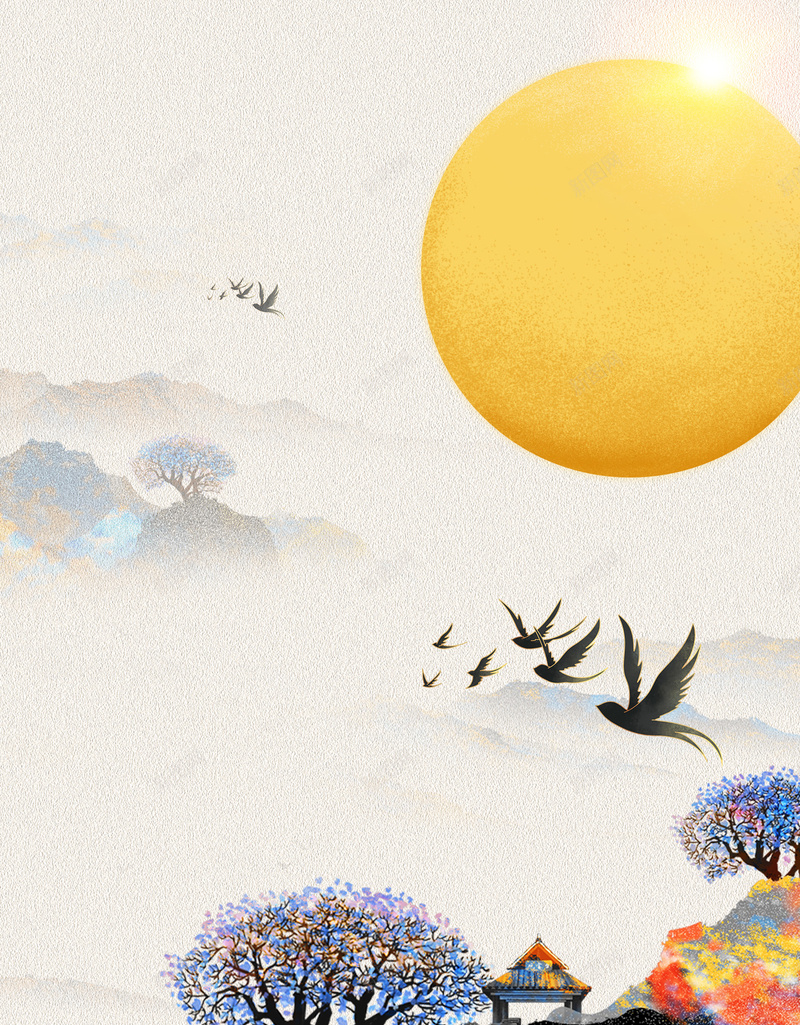 手绘山野背景图psd设计背景_88icon https://88icon.com 山野背景图 手绘 月亮 水墨画 鸟影