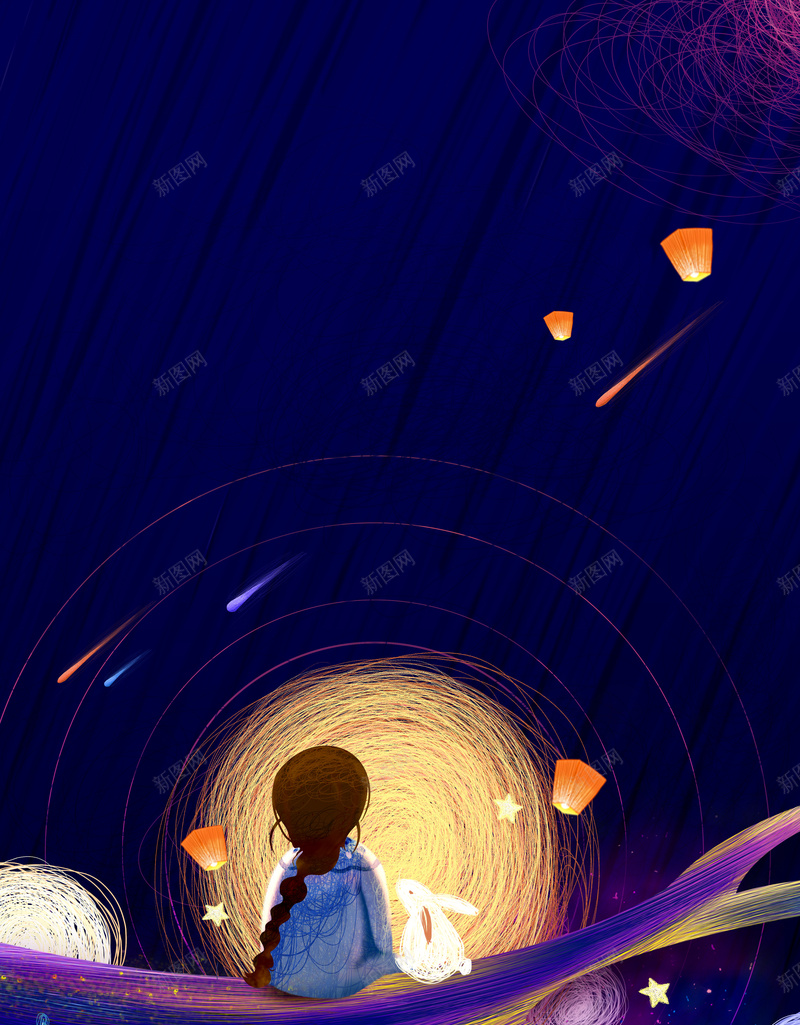手绘小女孩赏月线条背景图psd设计背景_88icon https://88icon.com 兔子 创意稿 小女孩 房屋 树枝 线条元素