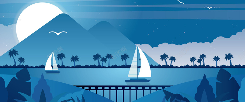 蓝色扁平手绘矢量图bannerai设计背景_88icon https://88icon.com 唯美 大海 山 帆船 意境 扁平 手绘 矢量图 蓝色