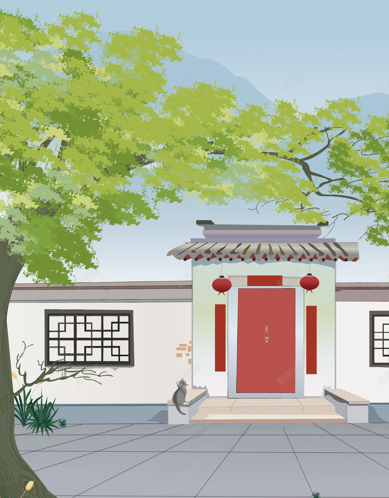 夏天庭院纳凉吃瓜矢量图ai设计背景_88icon https://88icon.com 大树 矢量庭院 矢量素材 花 草 落叶 矢量图