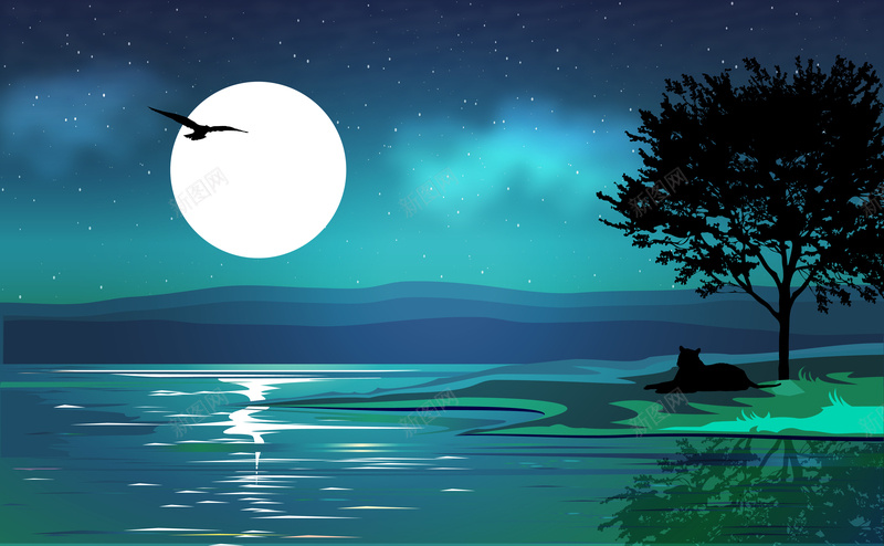 夜晚湖畔风景矢量背景ai设计背景_88icon https://88icon.com 夜晚 夜晚背景 安静 幽静 月亮 树木 湖泊 湖畔 矢量 背景 风景 矢量图
