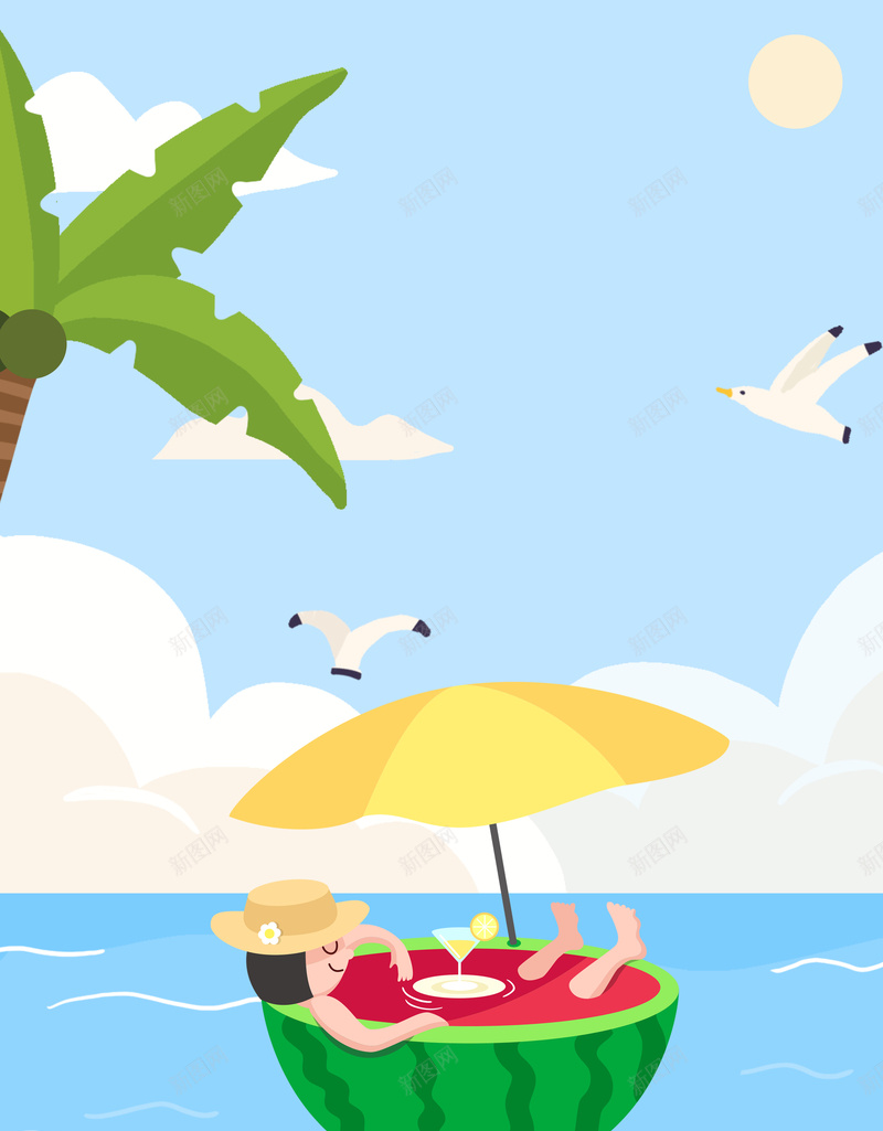 卡通西瓜浴创意背景图psd设计背景_88icon https://88icon.com 云层 夏天 椰树 海洋 海鸥 背景图 节气 西瓜浴