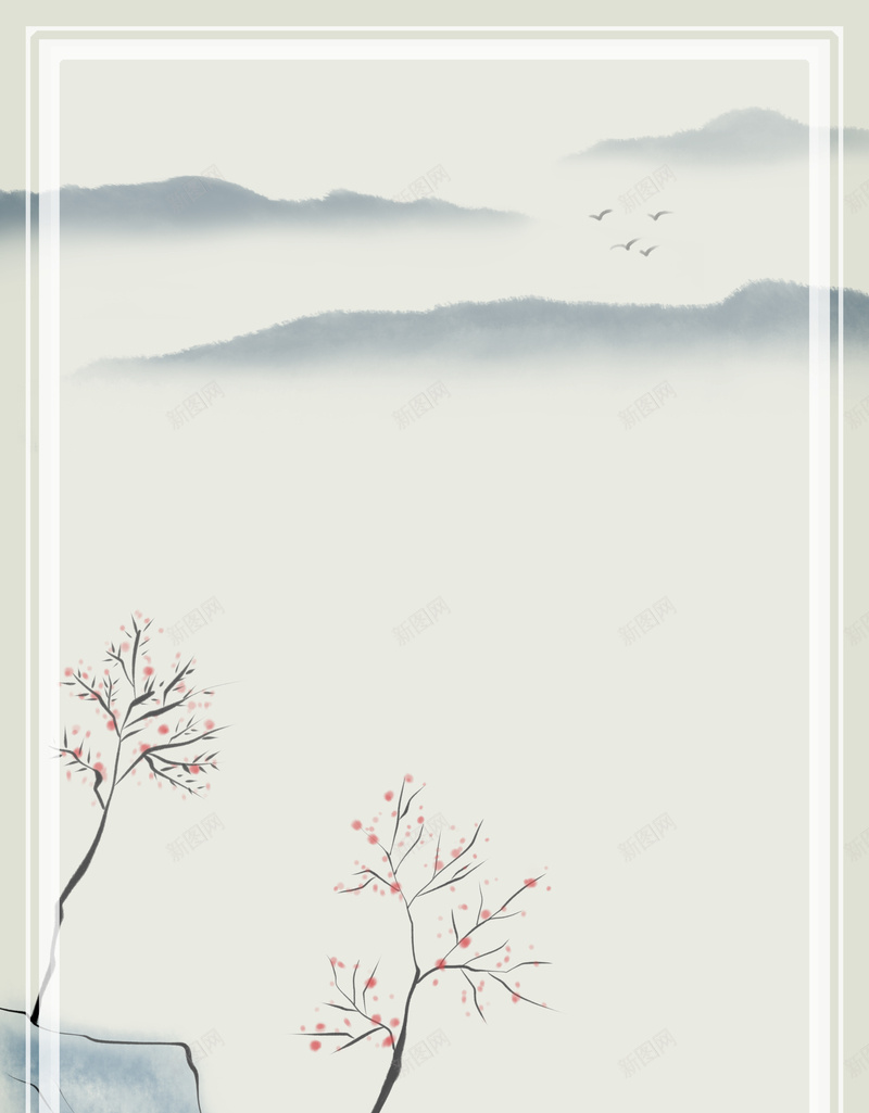 中国风水墨画古风平面广告psd设计背景_88icon https://88icon.com 中国风背景 书法 古韵 古风 山峰 平面广告 树枝 水墨画 简约边框 边框