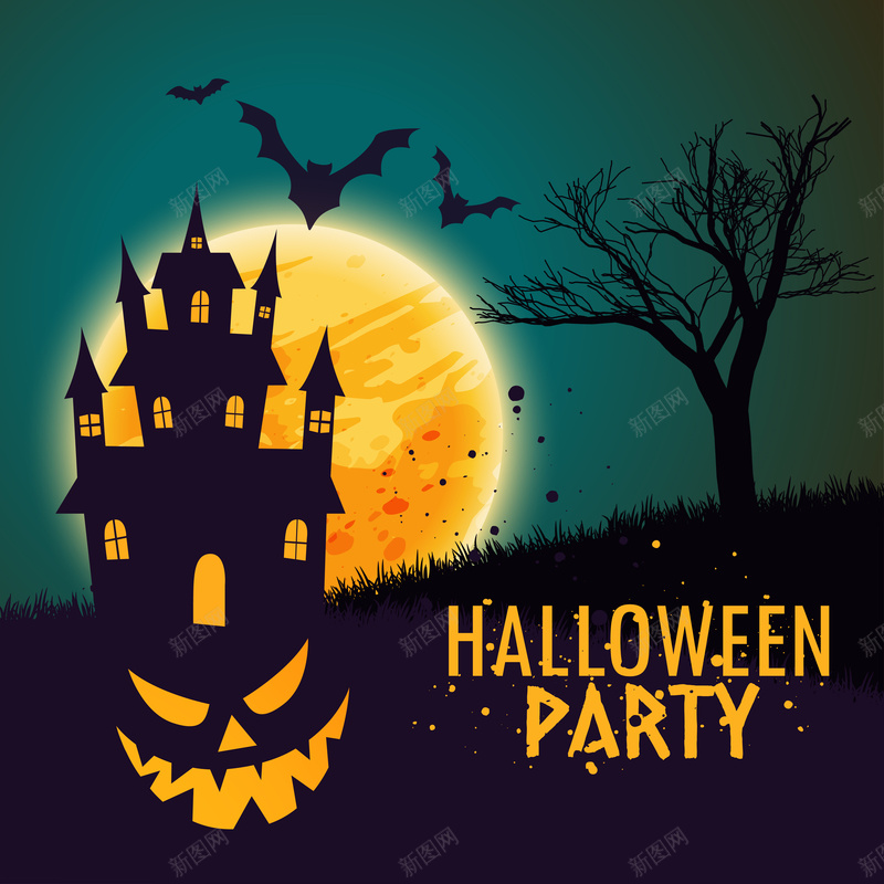 万圣节海报矢量图ai_88icon https://88icon.com Halloween 万圣节 城堡 恐怖 月亮 海报 蝙蝠 矢量图