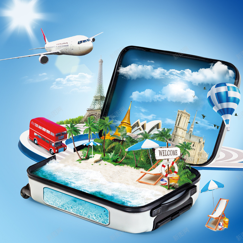 蓝色箱包海滩创意旅行背景psd设计背景_88icon https://88icon.com 创意旅行海报 卡通 大巴 手绘 旅游宣传素材 旅游广告背景 旅游素材 海滩 热气球 童趣 箱包 蓝天白云 阳光 飞机 高兴