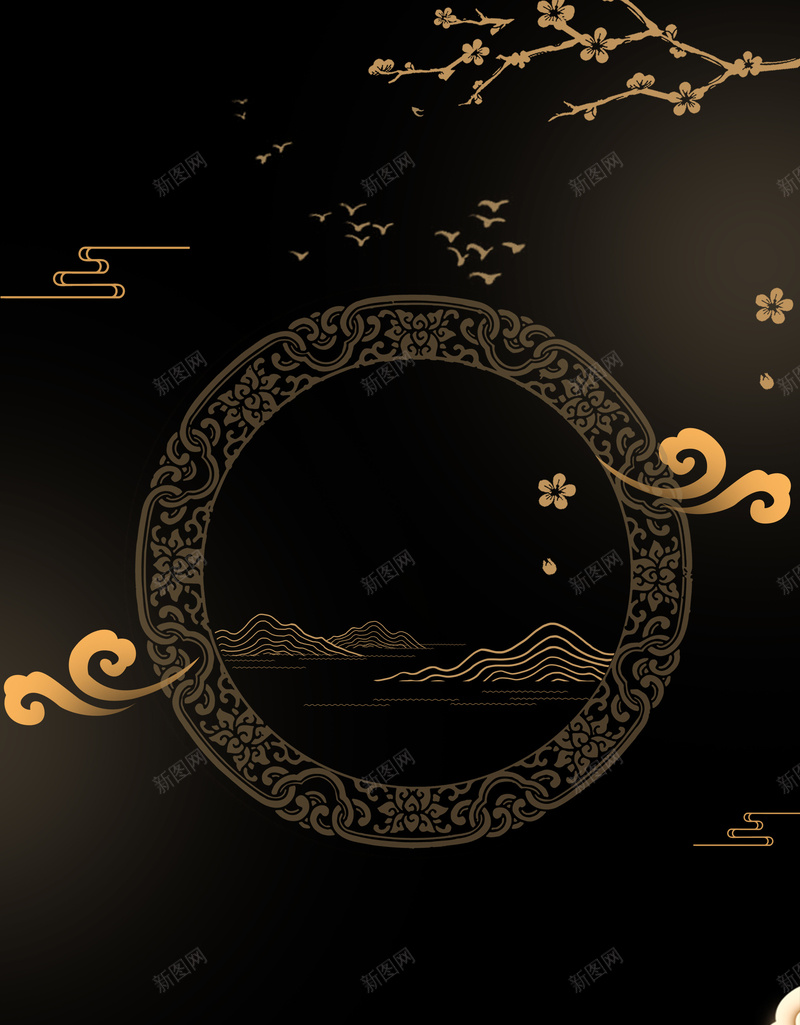 黑金色背景图psd设计背景_88icon https://88icon.com 古风纹理 山纹 祥云 背景图 花枝 飞鸟 黑金搭配