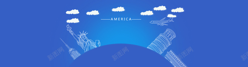旅游美国简约蓝色banner背景psd设计背景_88icon https://88icon.com 云层 云朵 几何 剪影 小清新 建筑 弧形 扁平 文艺 旅游 旅行 渐变 美国 蓝天 风光