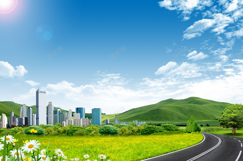 绿色环保地产广告背景psd设计背景_88icon https://88icon.com 山坡 房地产 树 清新 白云 自然 花朵 草地 蓝天 阳光 高楼大厦
