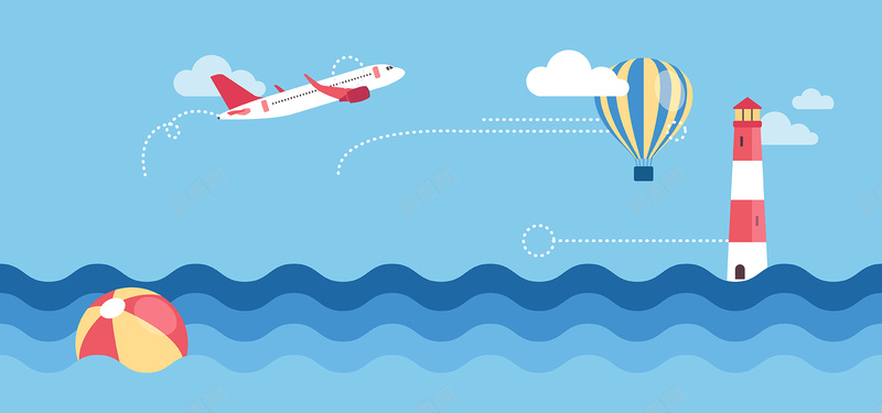 旅游卡通手绘蓝色海洋海报banner背景矢量图ai设计背景_88icon https://88icon.com banner背景 卡通 塔 天空 手绘 旅游 氢气球 波浪 海报 海洋 白云 蓝色 矢量图