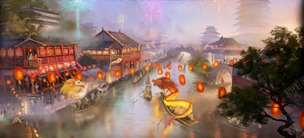 中国风春节河流灯笼jpg设计背景_88icon https://88icon.com 国风 春节 河流 灯笼