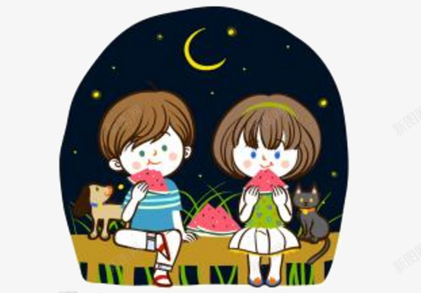 小清新夏夜青梅竹马吃瓜psd免抠素材_88icon https://88icon.com 可爱 吃西瓜 吃西瓜少女 夏天 小女孩 小清新 小男孩 青梅竹马
