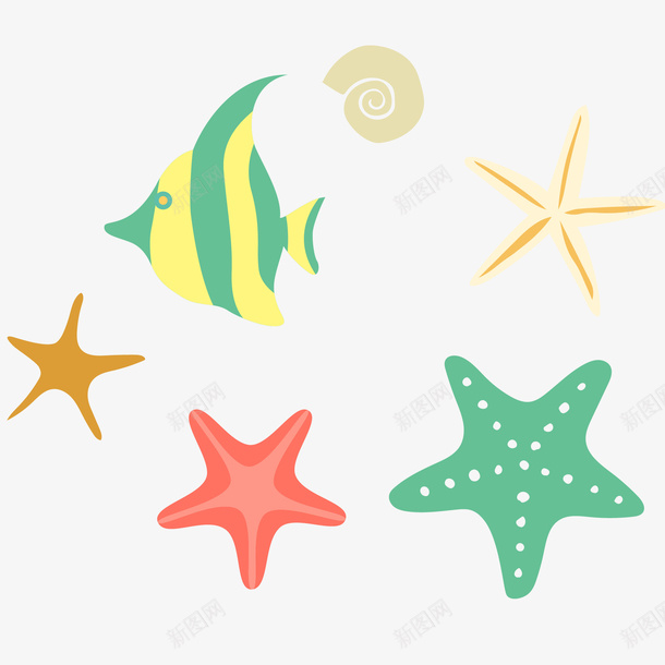 彩色海星和海鱼插画矢量图ai免抠素材_88icon https://88icon.com 免抠PNG 彩色 彩色海星和海鱼矢量插画 沙滩 海星 海洋生物 海鱼 螺 矢量图