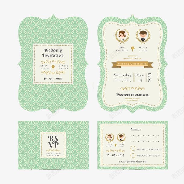 精美卡通婚礼请柬png免抠素材_88icon https://88icon.com 卡通 婚礼卡片 新人 新郎新娘 矢量素材 结婚请柬元素 美丽 花纹 花纹婚礼贺卡 蓝色婚礼请贴 邀请函