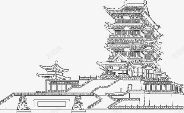 滕王阁黑白线描稿png免抠素材_88icon https://88icon.com 亭台楼阁 亭阁 全景 滕王阁 线描稿 黑白
