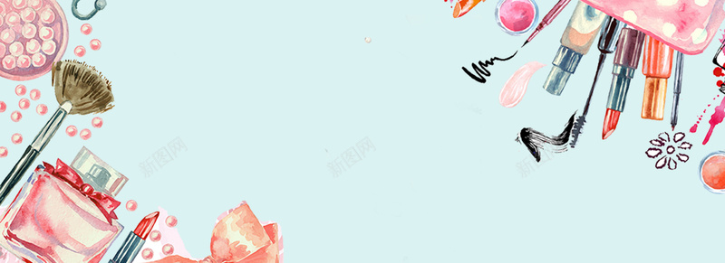 美妆节文艺手绘小清新蓝bannerpsd设计背景_88icon https://88icon.com 刷子 化妆 化妆品 化妆用品 女生 小清新 广告 文艺 简约 素材 美妆 美妆节 背景 设计