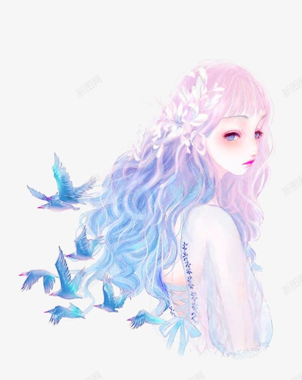 飞鸟和女孩png免抠素材_88icon https://88icon.com 卡通 卷发 女孩 手绘 简图 蓝色的 长发 飞鸟
