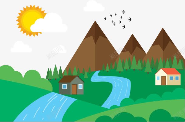清清小河png免抠素材_88icon https://88icon.com 一条溪流 三座大山 农村 小河 村屋 河边的房子