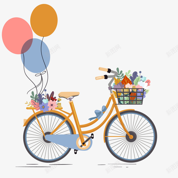 手绘自行车与气球矢量图ai免抠素材_88icon https://88icon.com 交通工具 单车 彩色气球 背景装饰 自行车 矢量图