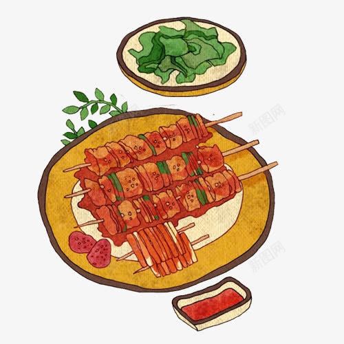 串串大叔手绘画片psd免抠素材_88icon https://88icon.com 串串 手绘美食 烤肉串 烧烤 肉食 菜叶