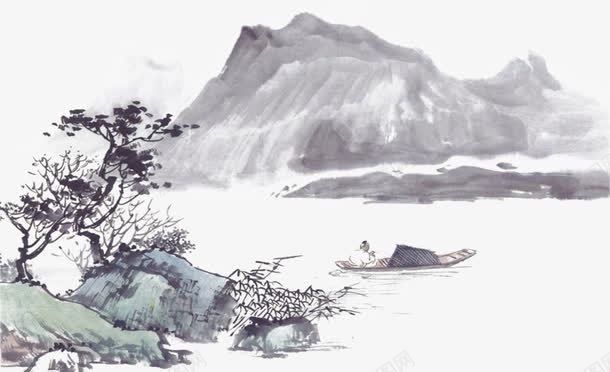 水墨风景png免抠素材_88icon https://88icon.com 中国风 小船 山水 意境 树木 黑白