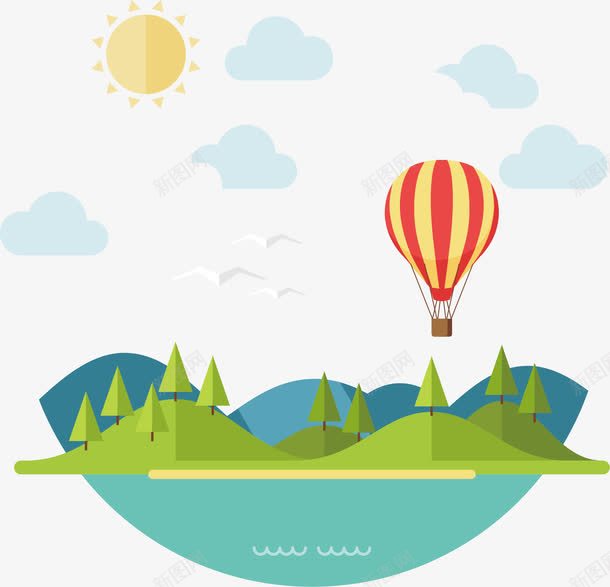 卡通风景png免抠素材_88icon https://88icon.com 云彩 卡通 太阳 热气球 绿山