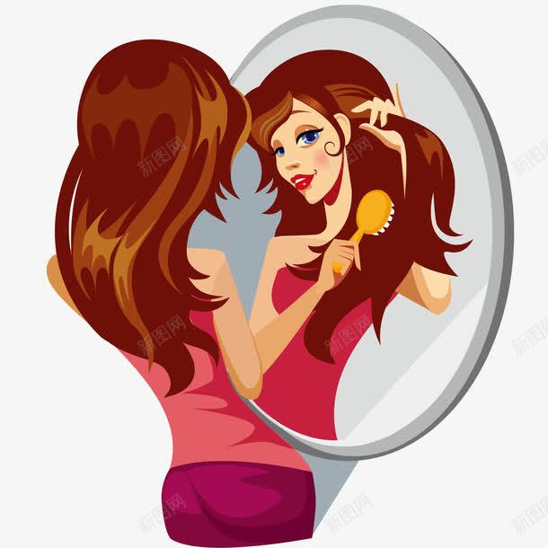 卡通美女梳妆png免抠素材_88icon https://88icon.com 卡通 反光效果 梳妆 照镜子 镜面反光