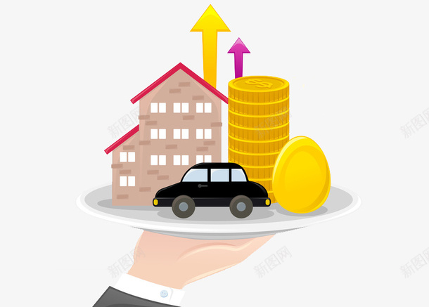 手托金币和房子图png免抠素材_88icon https://88icon.com 创意 卡通手绘 商务 居民区剪影 房子 手指 水彩 箭头 金币 金钱