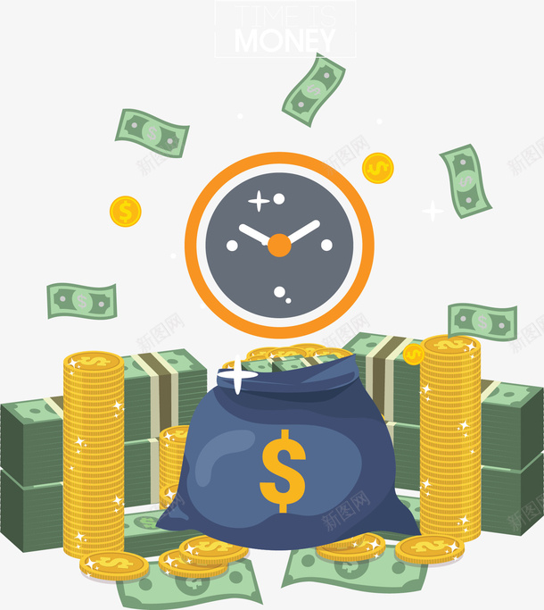 钞票金币时间金钱png免抠素材_88icon https://88icon.com 时间金钱 矢量png 金币堆 钞票 钞票堆 钟表