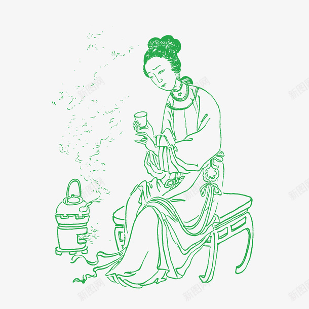 烧茶的女子png免抠素材_88icon https://88icon.com 中国风 古代 古代小人 坐着的 女子 正在烧茶 端着茶碗 简笔画 绿色