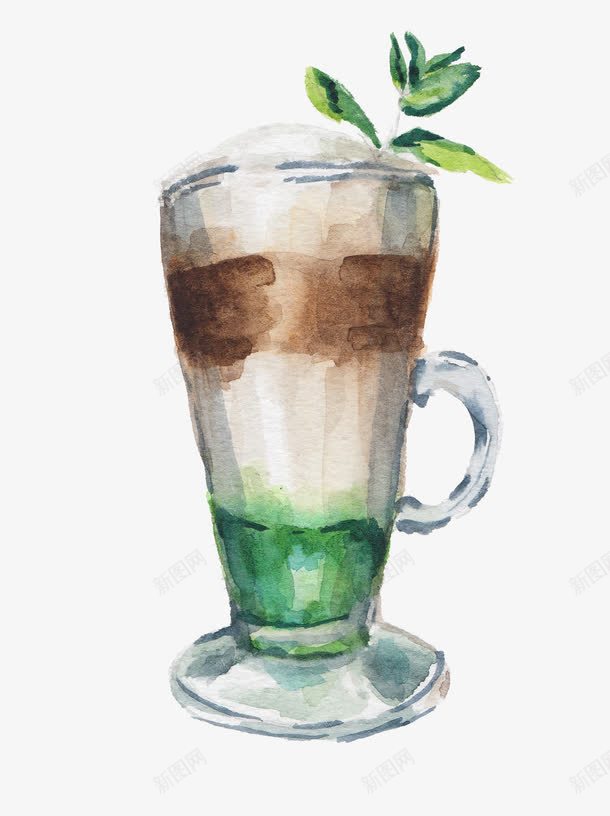手绘冷饮png免抠素材_88icon https://88icon.com 奶茶 玻璃杯 绿色叶子