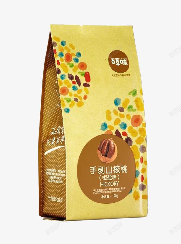 食品包装自立袋png免抠素材_88icon https://88icon.com 产品实物 休闲 包装设计 手剥山核桃 百草味 自立袋 食品