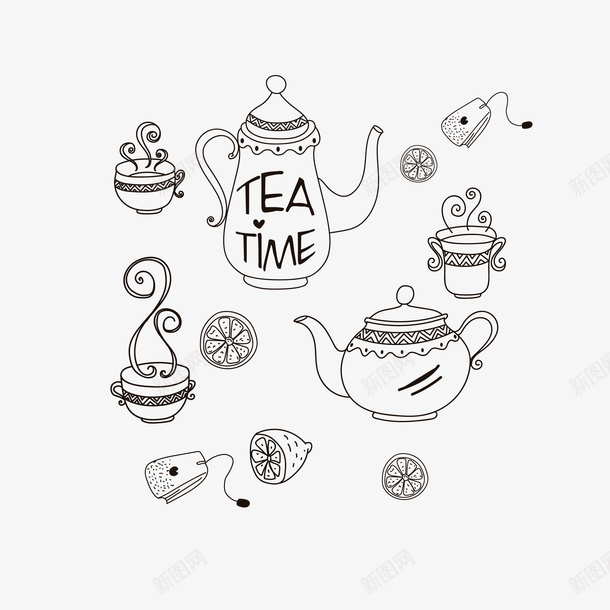 简约线条英式红茶矢量图ai免抠素材_88icon https://88icon.com 下午茶 柠檬 简约 红茶 线条 英式 英式红茶 茶包 茶壶 茶杯 黑色线条 矢量图
