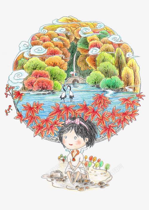 山水景物png免抠素材_88icon https://88icon.com 小女孩 山水 景色 红叶 绿色