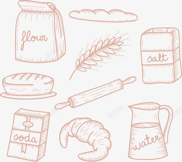 手绘烘培元素png免抠素材_88icon https://88icon.com 小麦 烘培 牛角面包 苏打粉 蛋糕 量水杯 面包 面粉 鸡蛋面粉