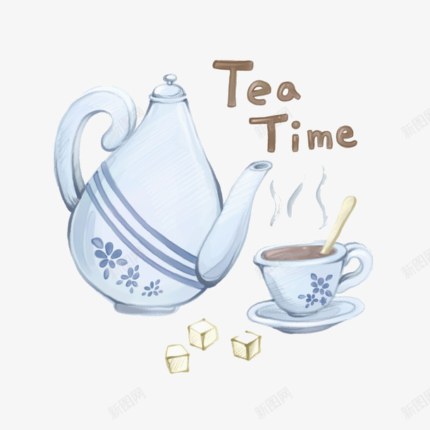 白色陶瓷的一套茶具png免抠素材_88icon https://88icon.com 卡通 咖啡 字母 手绘 白色 糖块 英文 陶瓷