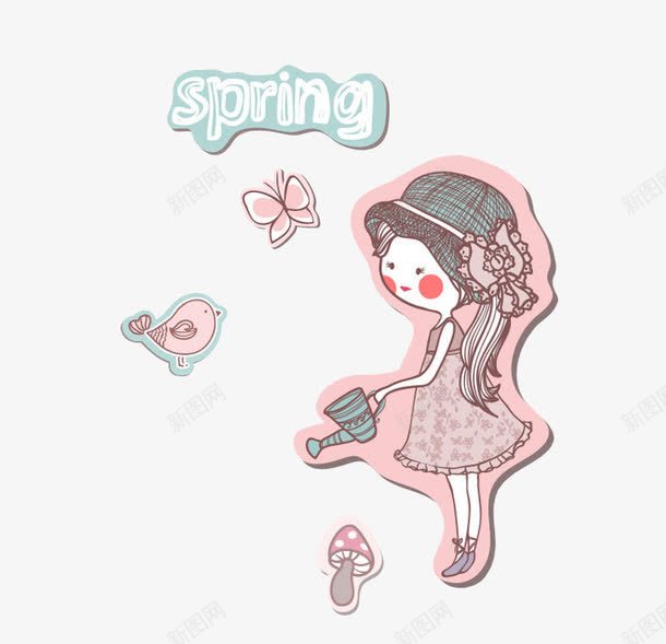 卡通手绘小姑娘浇花png免抠素材_88icon https://88icon.com 卡通手绘 小女孩 小姑娘 小鸟 春天 春季 浇水 浇花 穿裙子的小女孩 蘑菇 蝴蝶