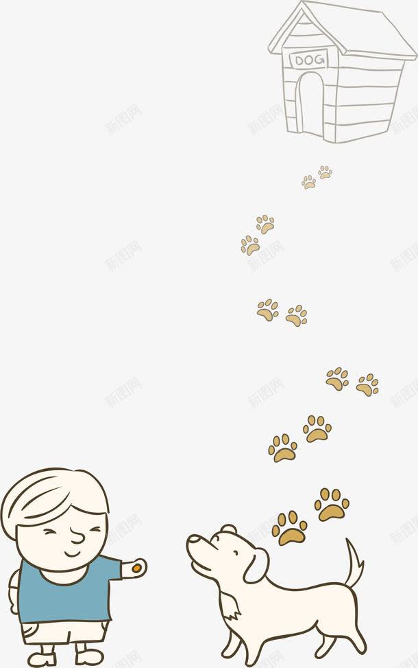 和狗狗玩耍的男孩png免抠素材_88icon https://88icon.com 卡通 商务 壁纸 封面 彩色手绘 插图 爪印 狗屋 狗狗 男孩