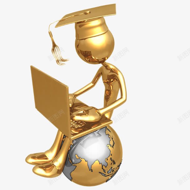网上工作的金色小人png免抠素材_88icon https://88icon.com 3D人物 3D小人 商务 地球模型 电子 电脑 网络时代 金色小人