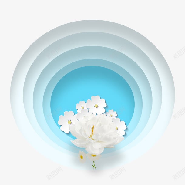 蓝色圆圈白色花朵png免抠素材_88icon https://88icon.com 小清新 平面 平面海报 渐变圆圈 白莲花 立体花朵 美容装饰 蝴蝶花藤