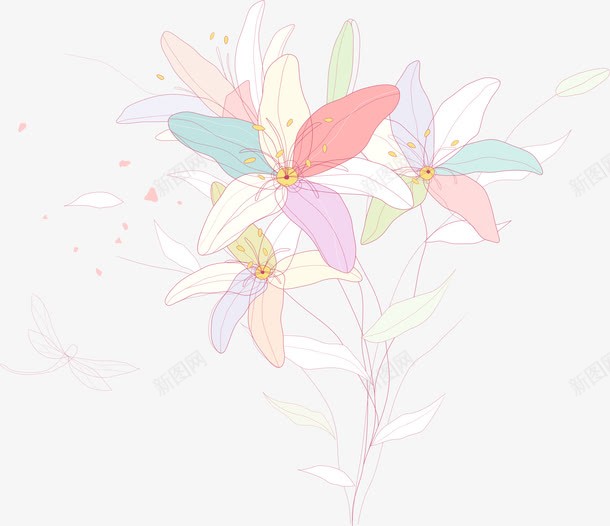 手绘百合矢量图ai免抠素材_88icon https://88icon.com AI 动物 卡通 彩色 手绘 插画 植物 百合 线条 花卉 花朵 蜻蜓 鲜花 矢量图