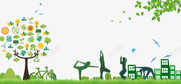 绿色清新环保健康海报背景psd免抠素材_88icon https://88icon.com 人物 健康 剪影 城市 大树 横向海报 横屏背景海报 清新 环保 草地 运动