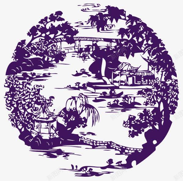 古代中式庭院窗花剪影png免抠素材_88icon https://88icon.com 中式 剪影 剪纸 古代 园林 树木 江南 游船 窗花 风景