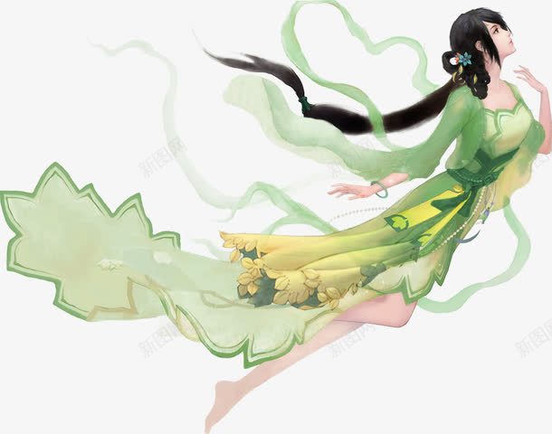 飞翔的仙女png免抠素材_88icon https://88icon.com 古风 绿色衣服 长头发