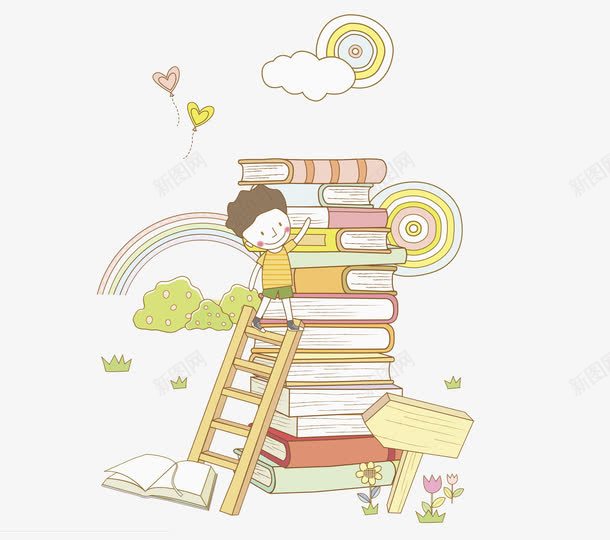 爬梯子的孩子png免抠素材_88icon https://88icon.com 书本 卡通 可爱的 学生 小孩 彩虹 梯子 路牌
