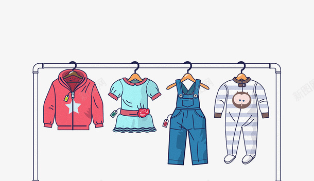 卡通手绘衣架上晾晒的衣服png免抠素材_88icon https://88icon.com 免抠儿童服装 免抠架子 卡通 手绘 晾晒的衣服 红色的外套 衣架上 裙子